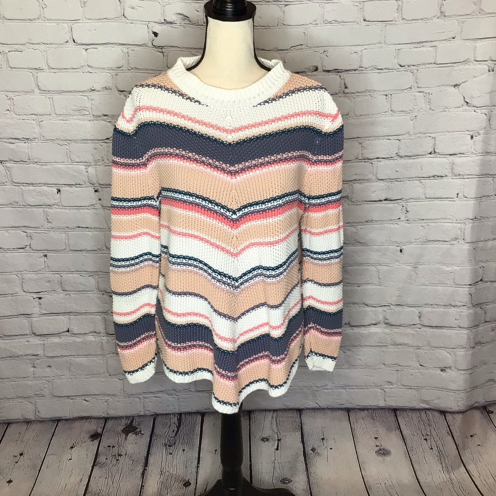 Caslon Chevron Striped Cotton Sweater Peach Cream Blue Petite XL